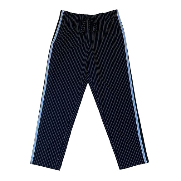 BCBGMaxazria Drawstring Jogger Pants Women L Large Navy PinStripe Tuxedo Pull On - Picture 2 of 14